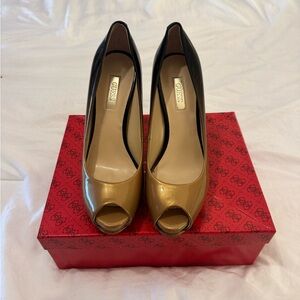 Guess Gold and Black Peep Toe Heels